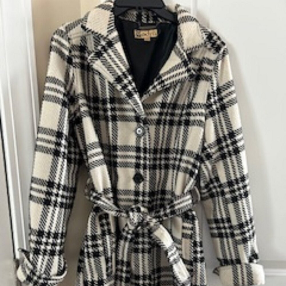 Women's Coat Odyn L Black & Beige Plaid Button Front Tie Around Waist, Lining